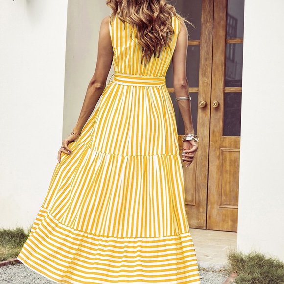 New Striped Notched Neck Ruffle Hem Belted Dress yellow - Picture 2 of 5